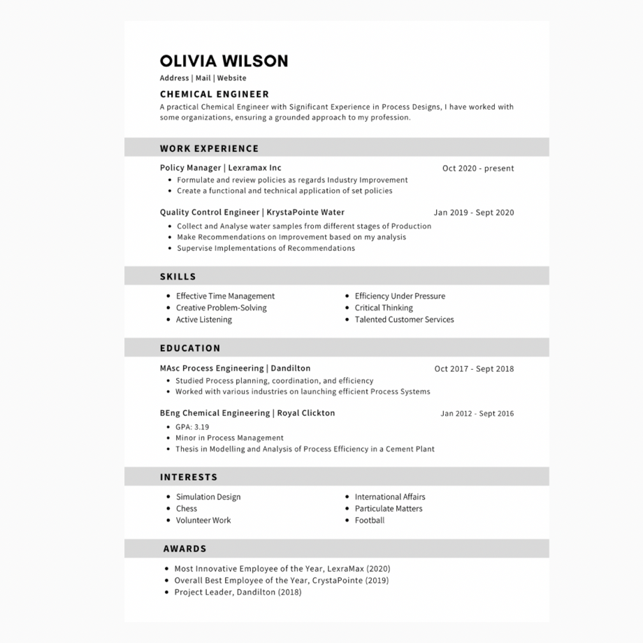 A CV Sample of a Chemical Engineer displaying how the curriculum vitae of a young professional in a non-creative department looks like.