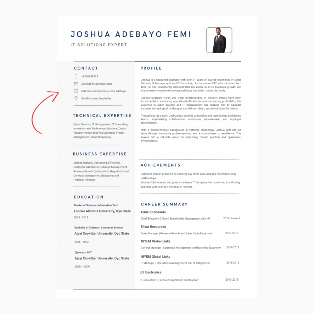 A CV Sample of a young career professional outlining how the contact information should look like. 