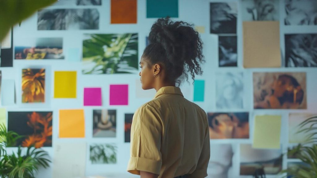 A woman gazes thoughtfully at her vision board, which is filled with vibrant images, motivational quotes, and goal-oriented notes. She appears focused and inspired, reflecting on her aspirations and plans for the future.