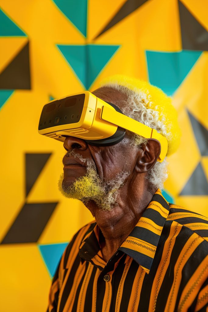 An elderly African American man with yellow hair wearing yellow virtual reality glasses, captured in an analog editorial style for a magazine. He poses with elegance against a studio background filled with geometric shapes, where the color yellow is overwhelmingly present, creating a striking monochromatic theme. His attire and the vibrant background further emphasize the yellow color scheme, showcasing a harmonious blend of modern technology and classic fashion. This magazine cover highlights diversity and the timeless charm of all ages, making a bold statement with its vibrant yellow palette --ar 2:3 --v 6 Job ID: a756089c-f3f5-48d9-854c-fb2553995922